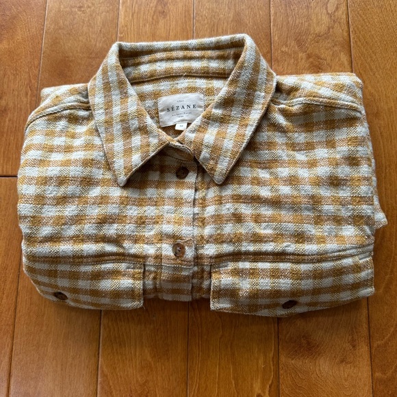 SEZANE EURIELLE Shirt Ochre Ecru Gingham Checks Organic cotton + linen | Size 6 - Picture 9 of 9
